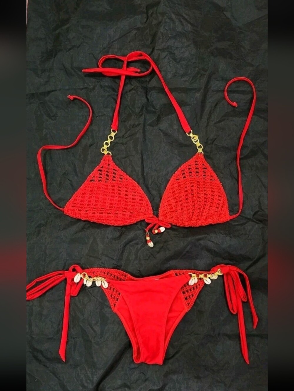 Bahimi Women's Red Crochet Bikini with Shell Accents, Large Top & Small Bottoms